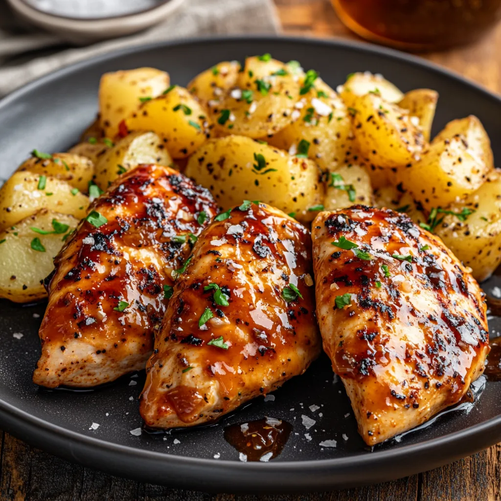 Närbild av en varm tallrik med honung BBQ kyckling och krämiga vitlök parmesan potatis.