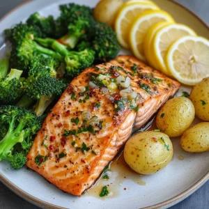 Citronörtssalmon med rostade potatisar och vitlöksparmesanbroccoli på en tallrik.