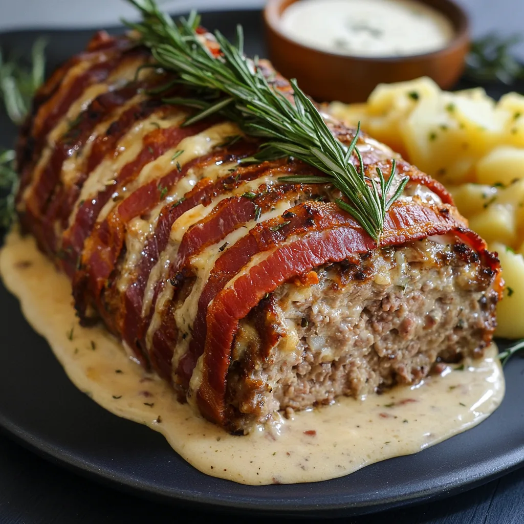Närbild av köttfärslimpa med baconlindning och rosmarin, serverad på en tallrik med potatisgratäng och gräddsås.