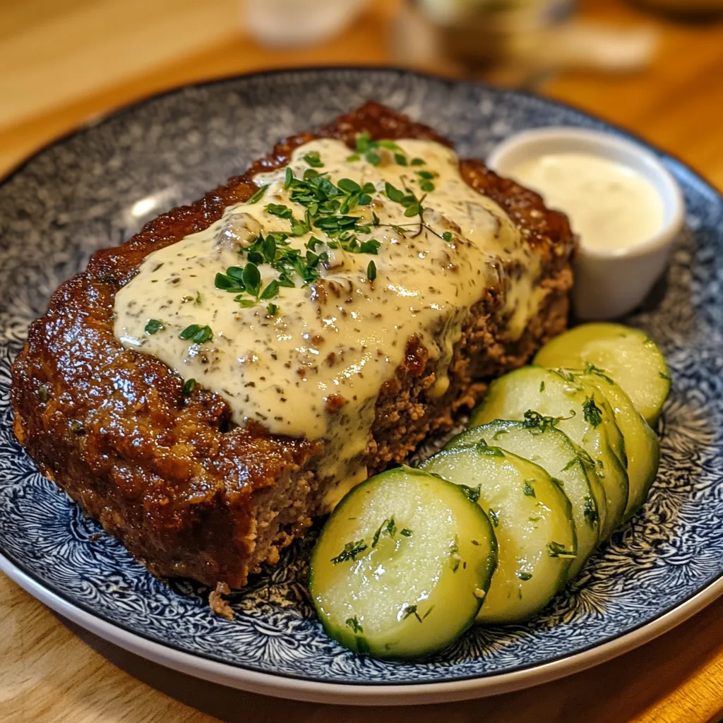 Närbild av köttfärslimpa med gräddsås och pressgurka, serverad på en tallrik med kokt potatis och lingonsylt.