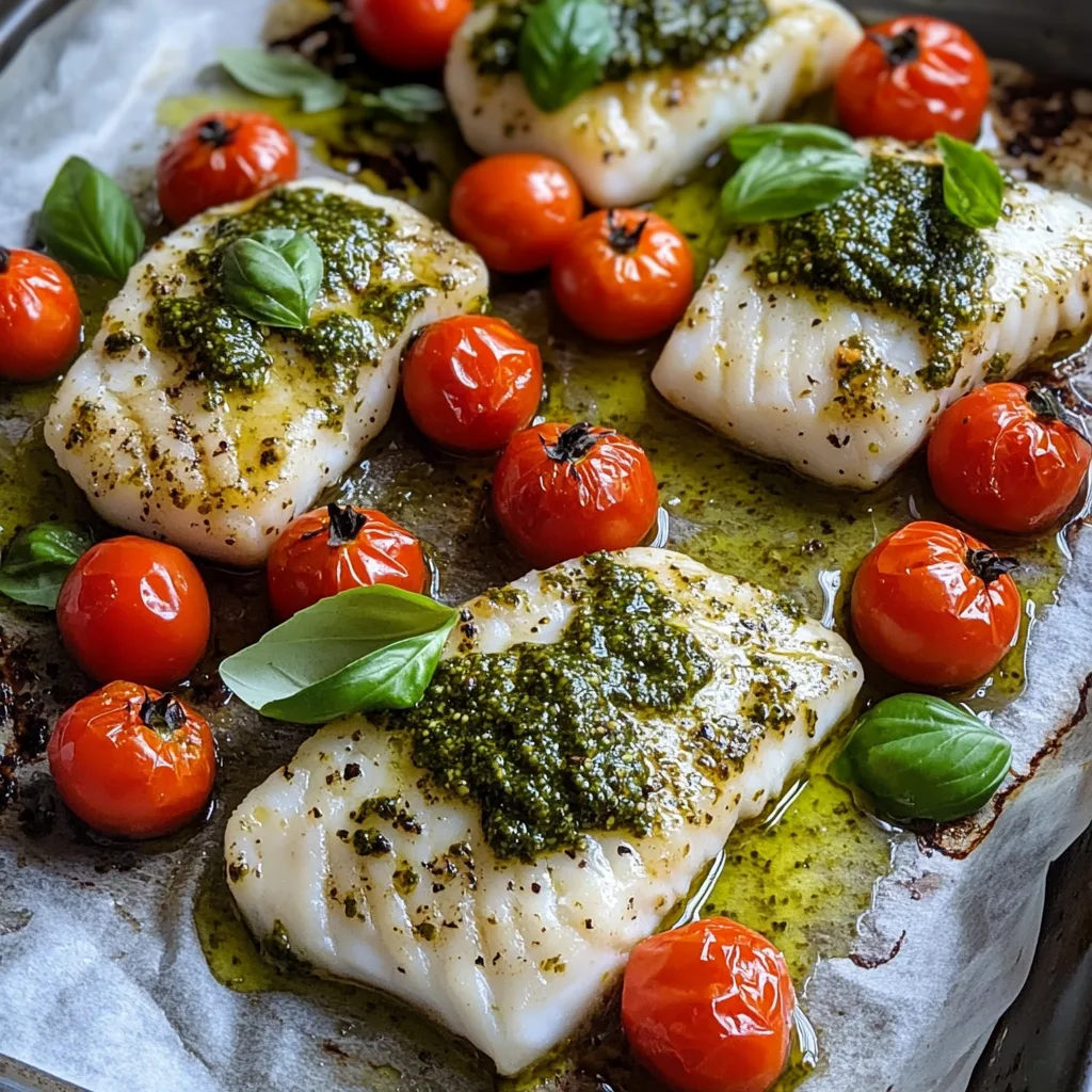 Närbild av ugnsbakad torsk med pesto och körsbärstomater, serverad på en tallrik med färskt bröd eller ris.