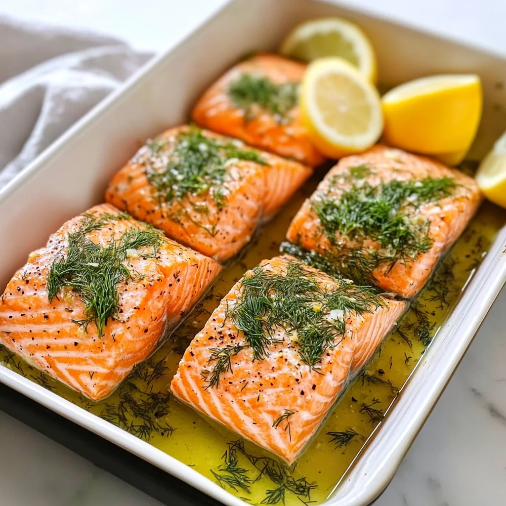 Närbild av en varm ugnsform med ugnsbakad lax med dill och citron.