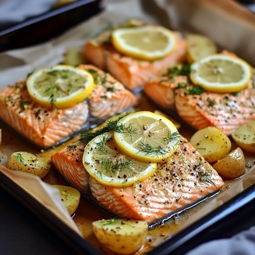 Närbild av ugnsbakad lax med citron och dill, serverad på en tallrik med kokt potatis och romsås.