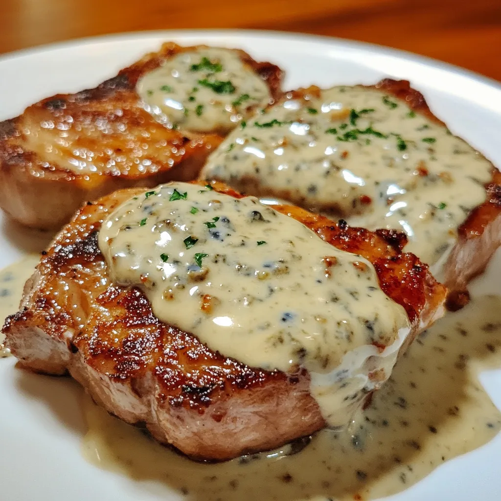 Närbild av steak med fläsk och blåostsås, serverad på en tallrik med blåostsås överst.