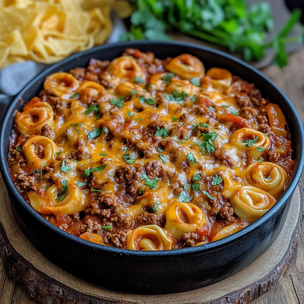 Närbild av taco tortellini gryta med nötfärs, tacokryddor och tortellini, serverad i en gryta.
