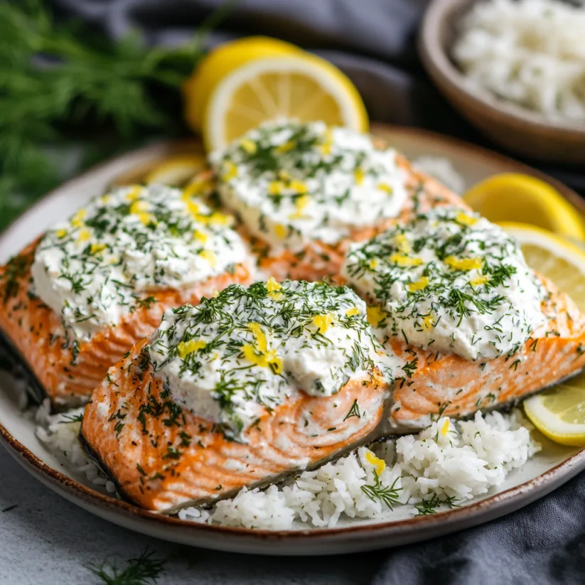 Närbild av lax i ugn med örtig färskost och citron, serverad på en tallrik med färskt bröd eller ris.