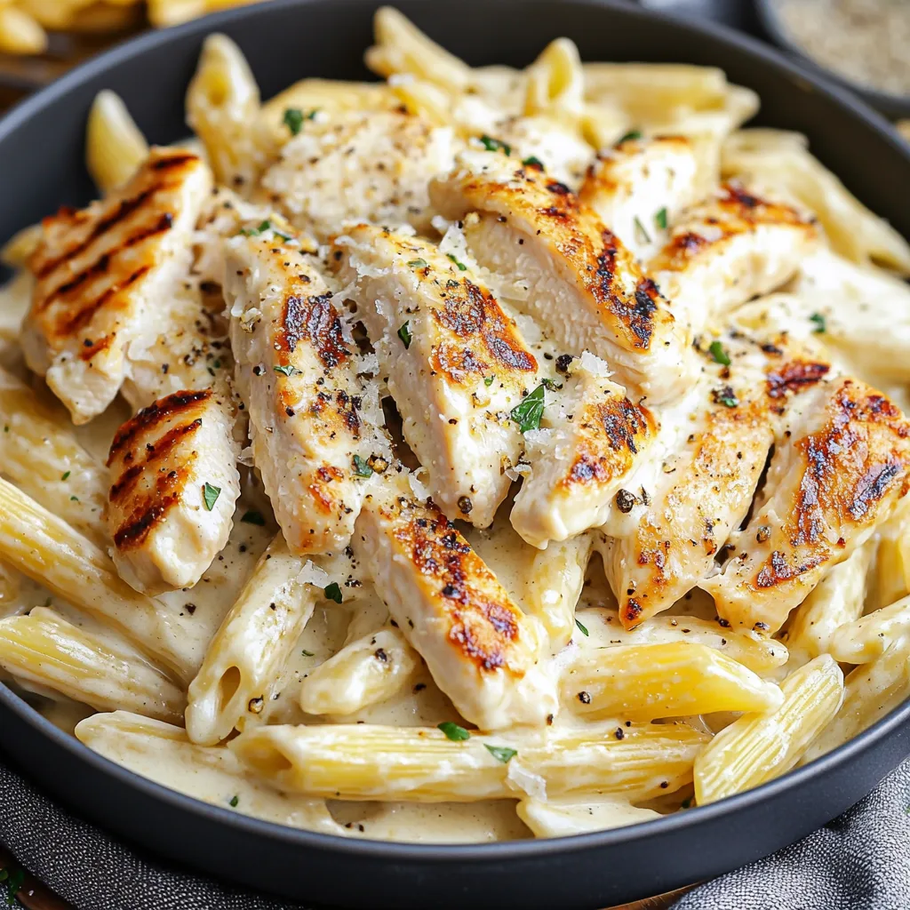 : Krämig kyckling Alfredo med penne pasta toppad med parmesanost på en vit tallrik.