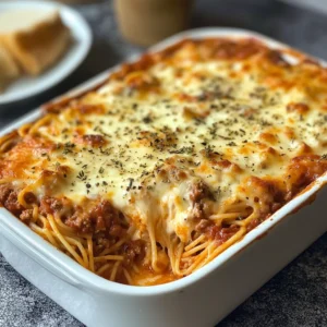 Ugnsbakad spaghettigratäng med krämig cream cheese och gyllenbrun ost i en ugnsform.