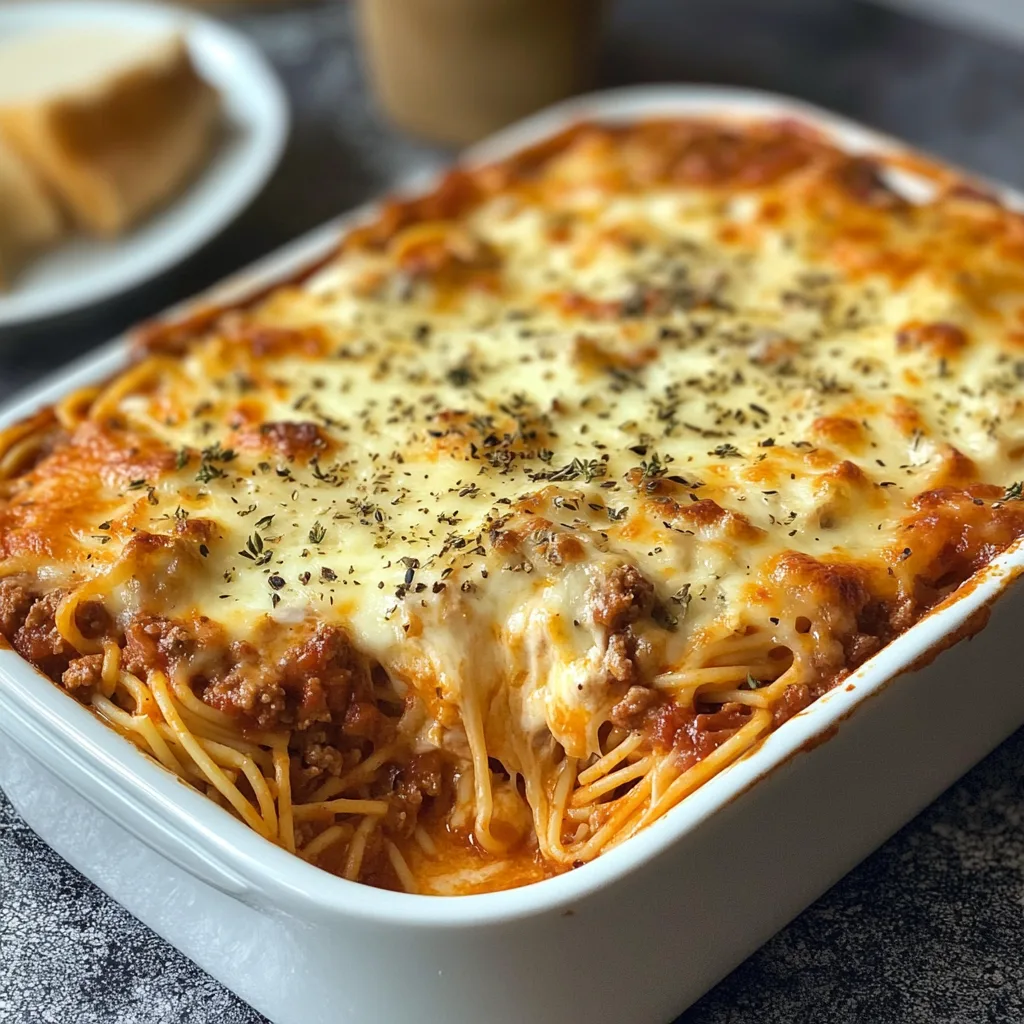 Ugnsbakad spaghettigratäng med krämig cream cheese och gyllenbrun ost i en ugnsform.