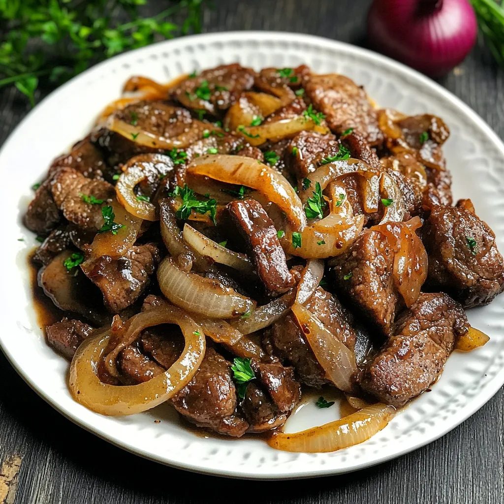 Närbild av stekt lever med lök, serverad på en tallrik med kokt potatis och lingonsylt.