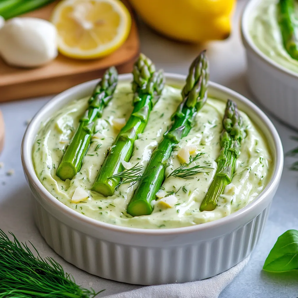 En krämig sparrismousse serverad i en ramekin med färska grönsaker och citronklyftor.