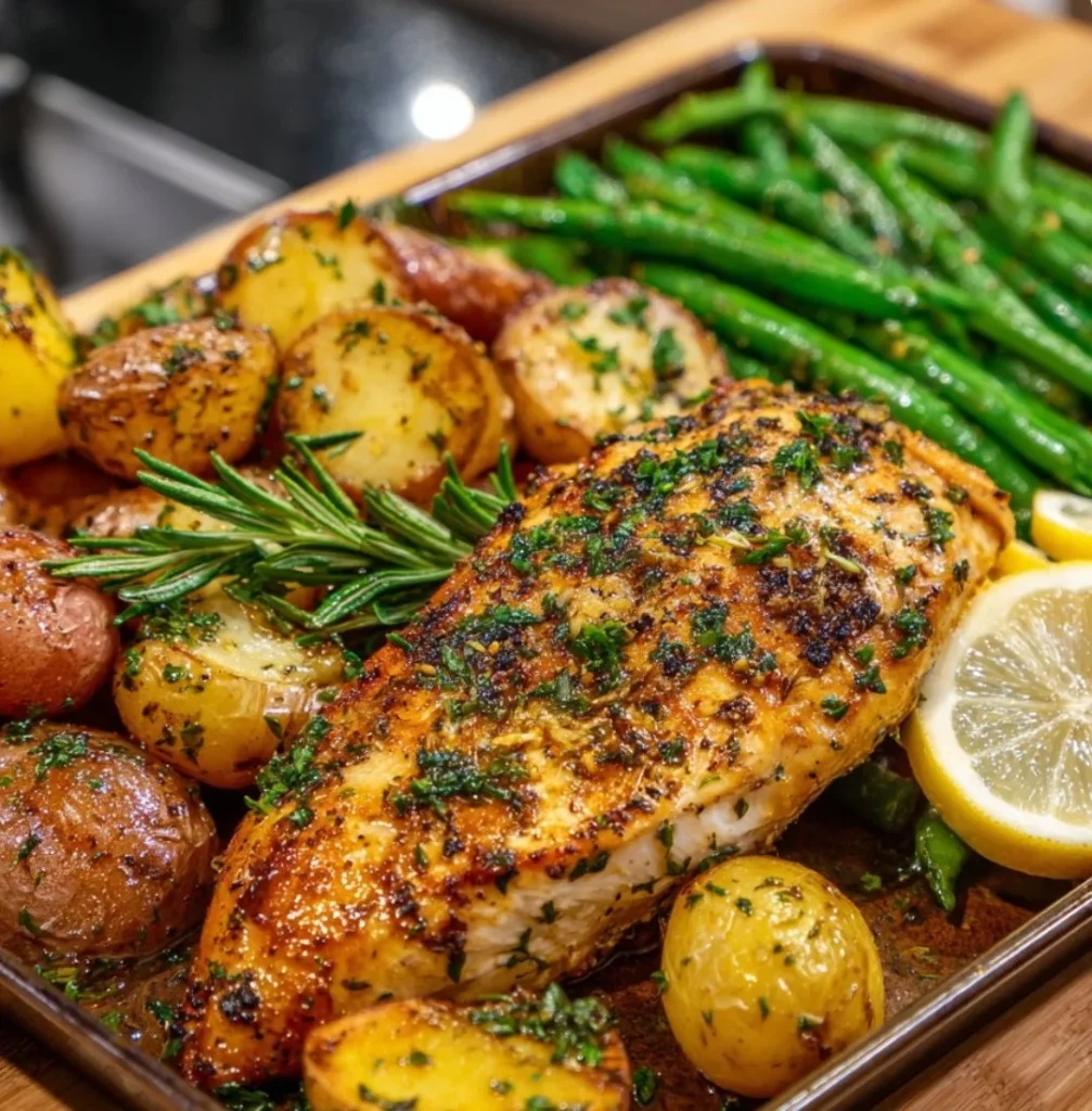 Ugnsbakad Vitlöks- och Örtkyckling med Rostade Småpotatisar och Haricots Verts