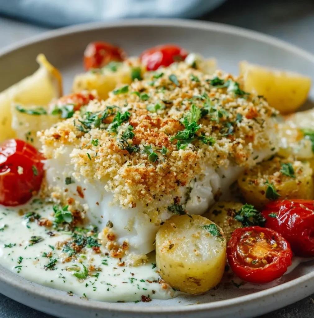Ugnsrostad Sej med Panko och Dragonkräm