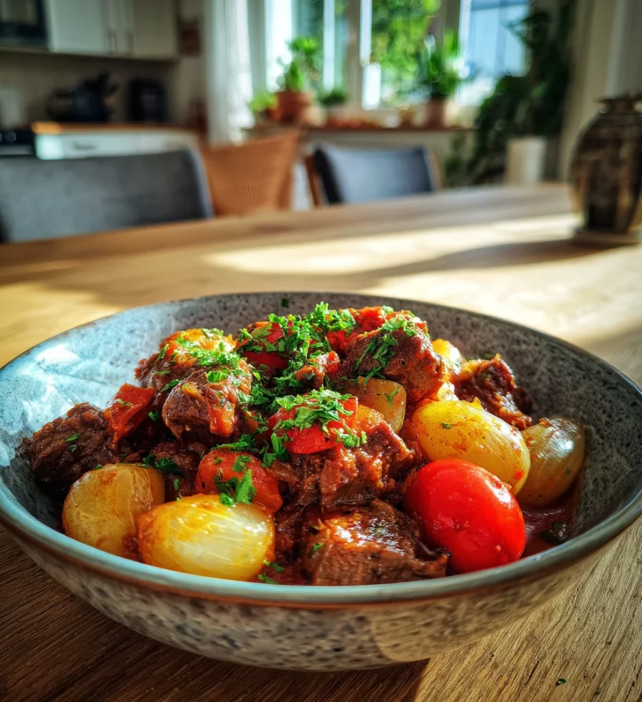 Ingredienser för grekisk stifado, inklusive nötkött, picklerlökar, krossade tomater och kryddor, på en träbänk i ett ljust kök.