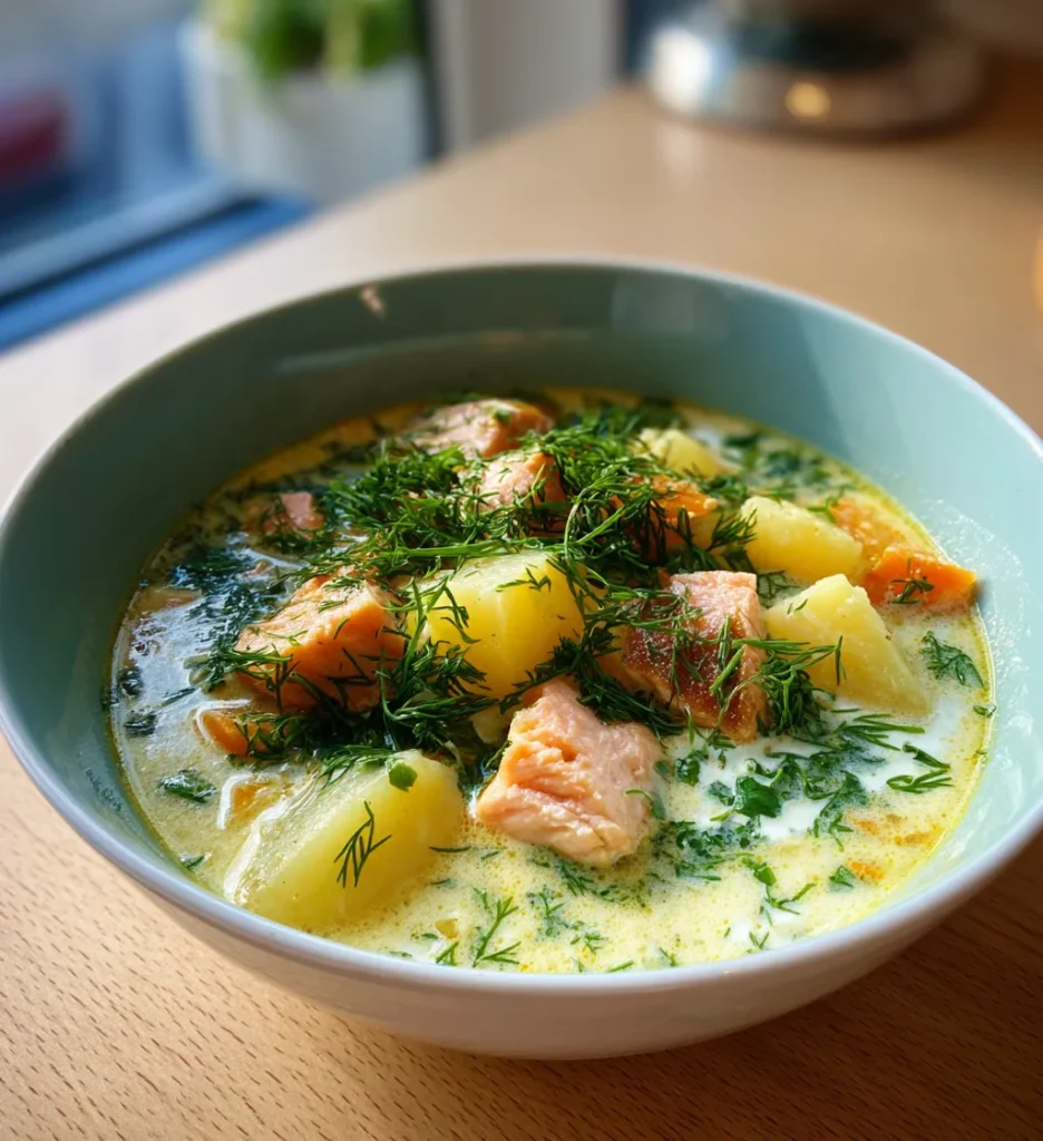 Finsk laxsoppa (lohikeitto) med saftig lax