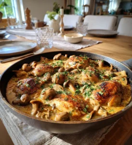 Skogspanna med krämig kycklinggryta, kantareller och champinjoner, serverad i en gryta i ett ljust kök.