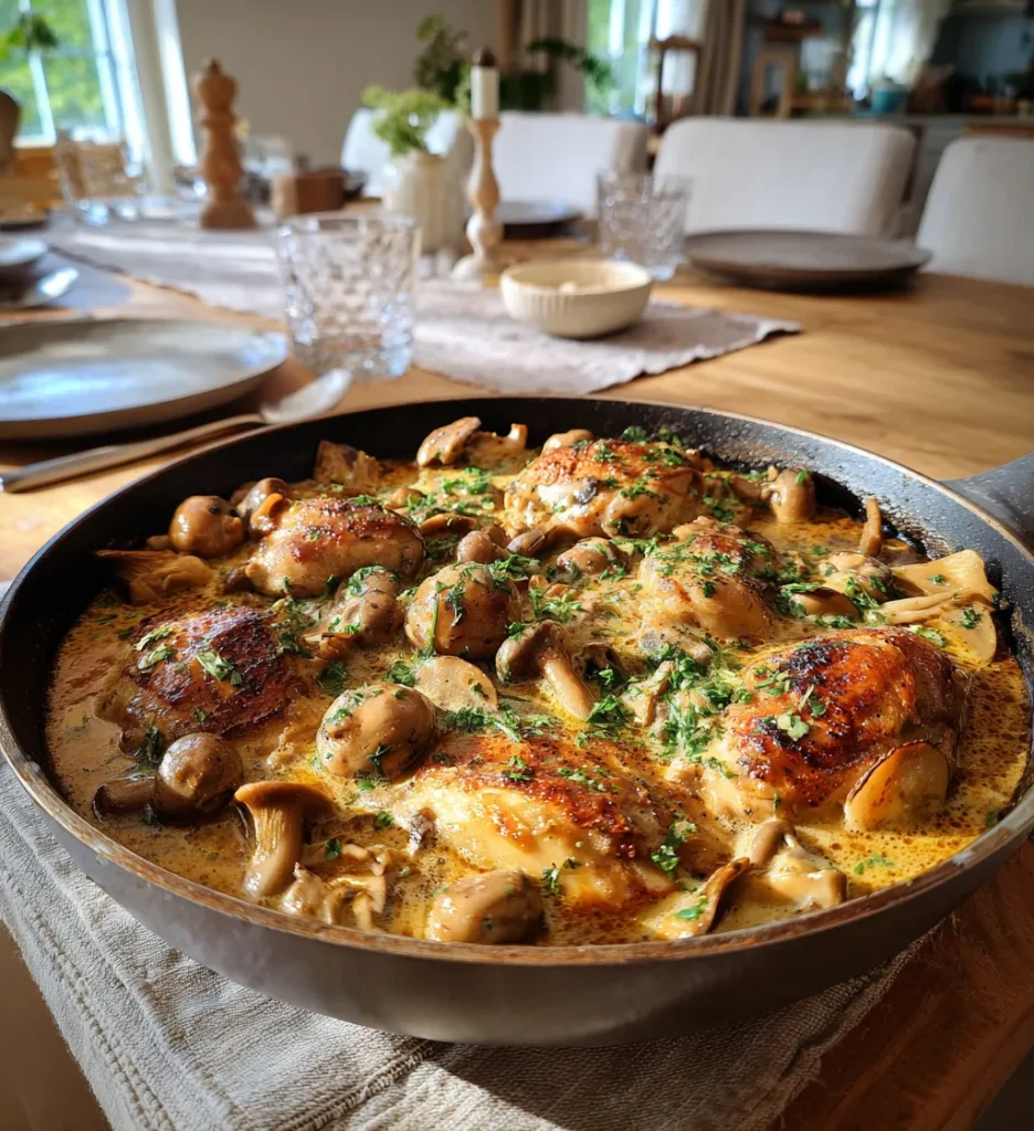 Skogspanna med krämig kycklinggryta, kantareller och champinjoner, serverad i en gryta i ett ljust kök.