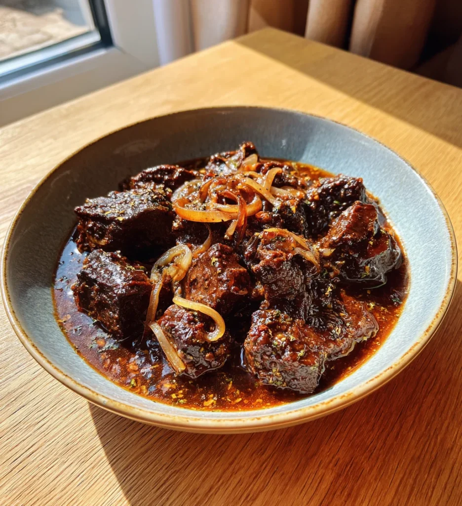 Karamelliserad lök- och köttgryta med mört nötkött och fyllig sås, serverad i en skål i ett ljust kök.