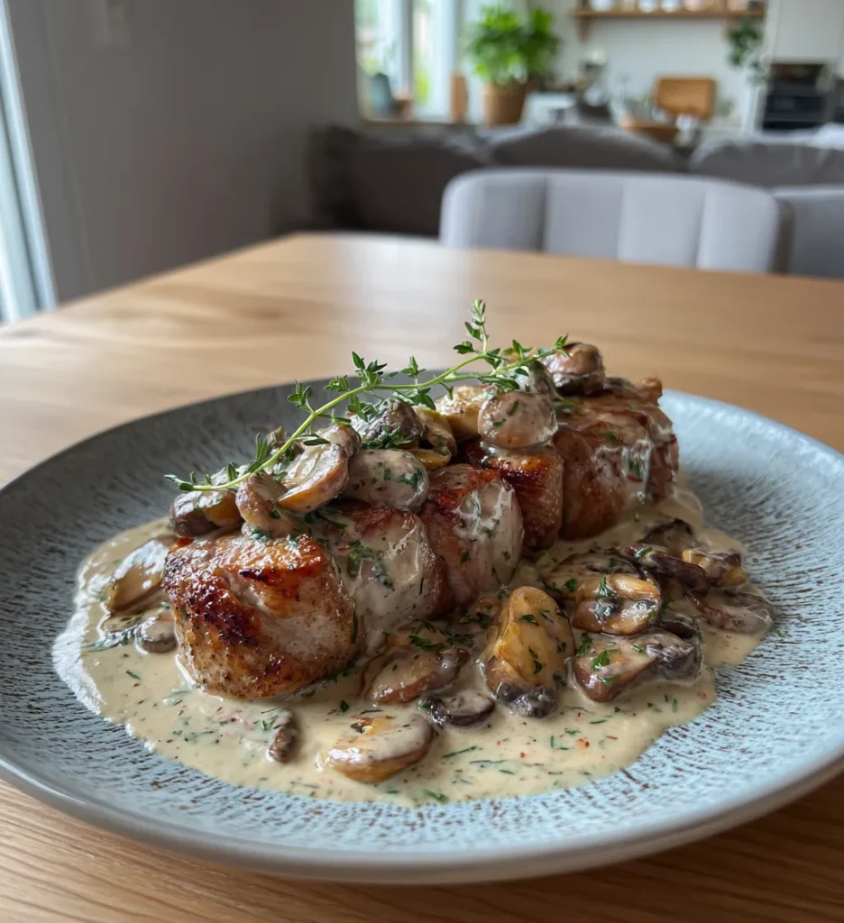 Fläskfilé med grädde och champinjoner, med mör fläskfilé och krämig svampsås, serverad på en tallrik i ett ljust kök.
