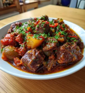 Ingredienser för grekisk stifado, inklusive nötkött, picklerlökar, krossade tomater och kryddor, på en träbänk i ett ljust kök.