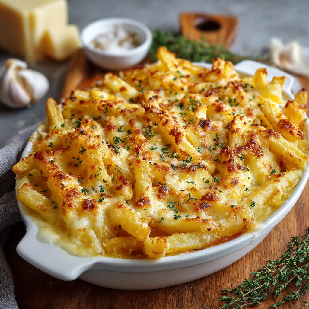 Fransk pommesgratäng med krispiga pommes och krämig ostsås