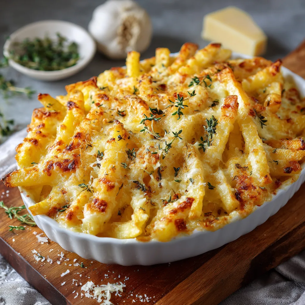 Fransk pommesgratäng med krispiga pommes och krämig ostsås