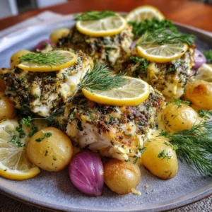 Ugnsbakad torsk med citron och dill, med flagnande torsk, krämig sås och potatis, serverad i en ugnsform i ett ljust kök.