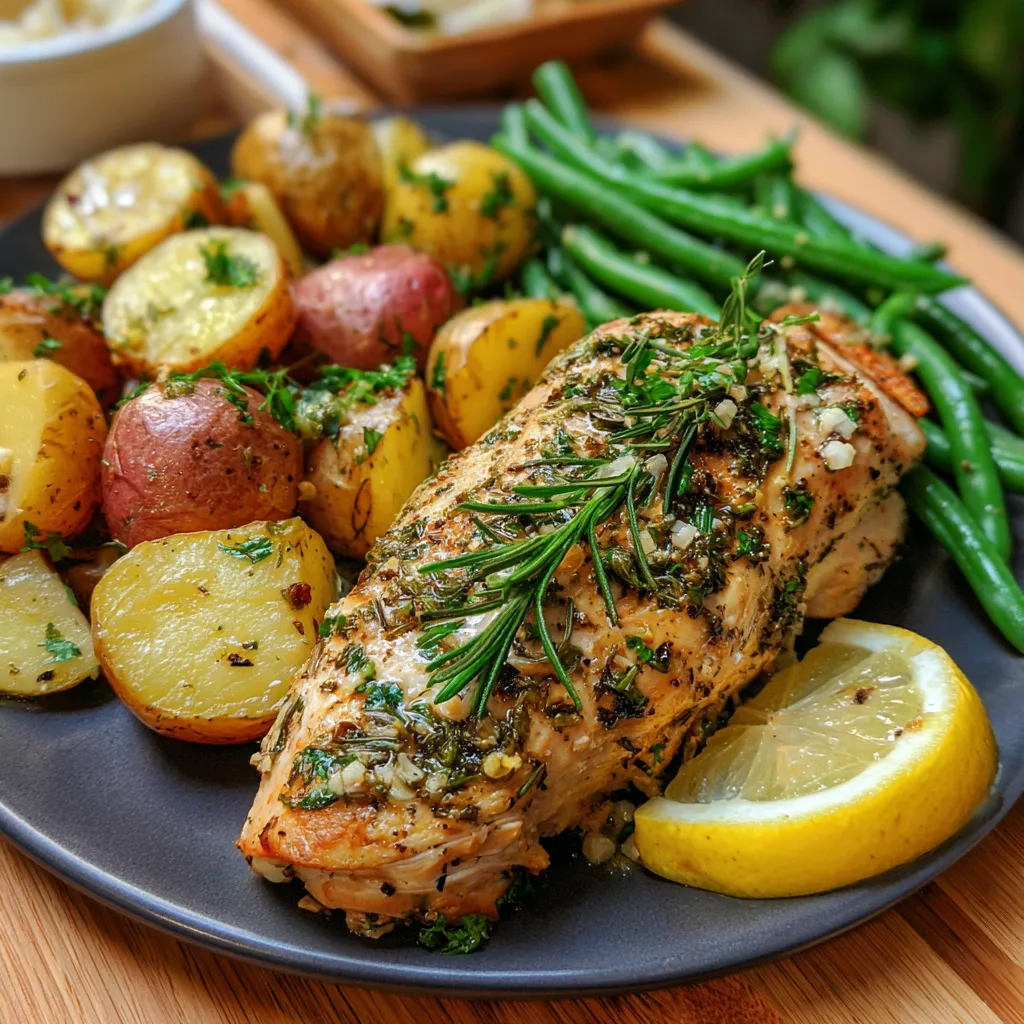 Ugnsbakad Vitlöks- och Örtkyckling med Rostade Småpotatisar och Haricots Verts
