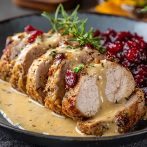 Fläskytterfilé i sockerkaksform med magiskt god sås, med mör fläskytterfilé och krämig sås, serverad på ett fat i ett ljust kök.