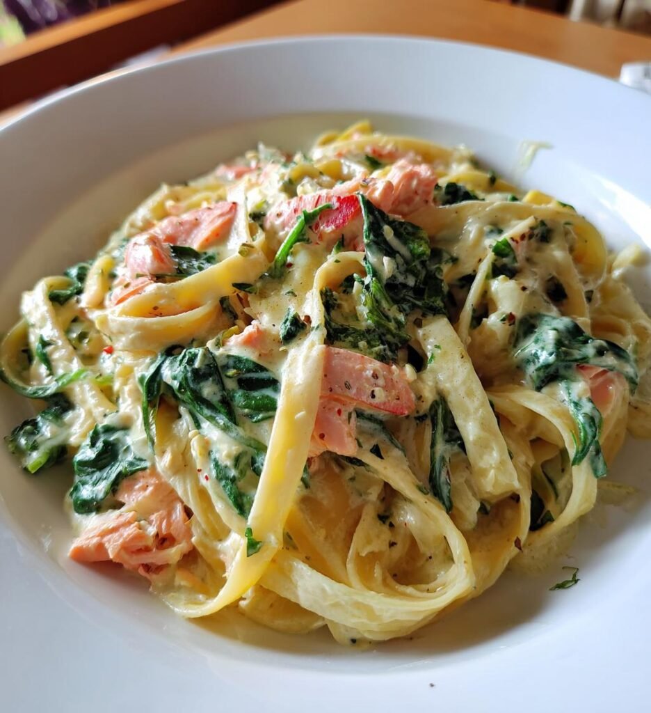 Fettuccine med Lax och Spenat