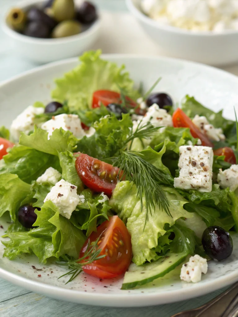 Fräsch grönsallad med feta och oliver