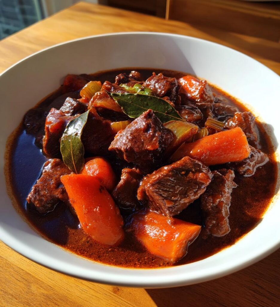 Oxgryta med Lagerblad och Rödvin