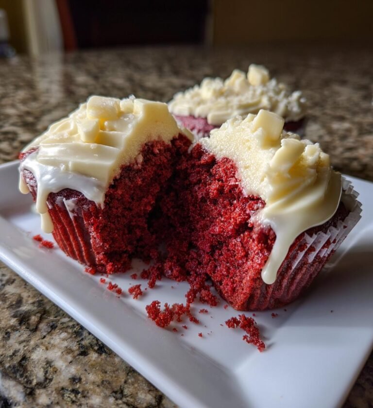 Fluffiga Röda Sammetsmuffins med Krämig Ostfrosting och Vit Chokladdekor