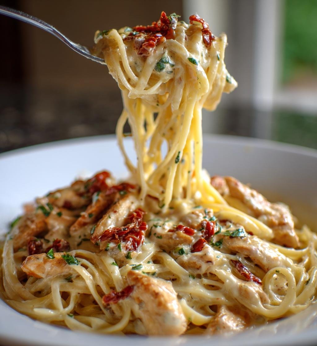 Förälska-dig-på-en-gång Kycklingpasta med Soltorkade Tomater och Krämig Parmesansås - detail 1