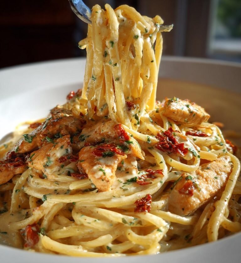 Förälska-dig-på-en-gång Kycklingpasta med Soltorkade Tomater och Krämig Parmesansås