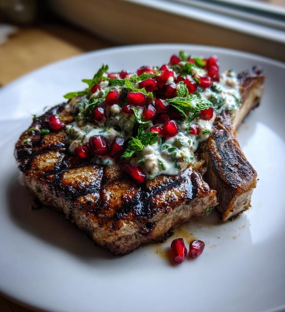 Grillad Lammkotlett med Mynta-Yoghurtsås och Granatäppel