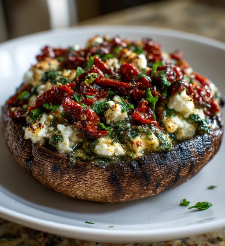 Grillad Portobellosvamp med Fetaost, Soltorkade Tomater och Pesto