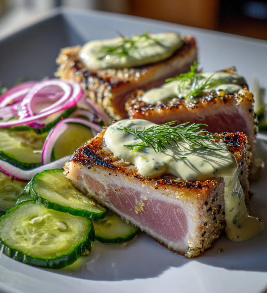 Grillad Tonfisk med Wasabimajonnäs och Gurksallad
