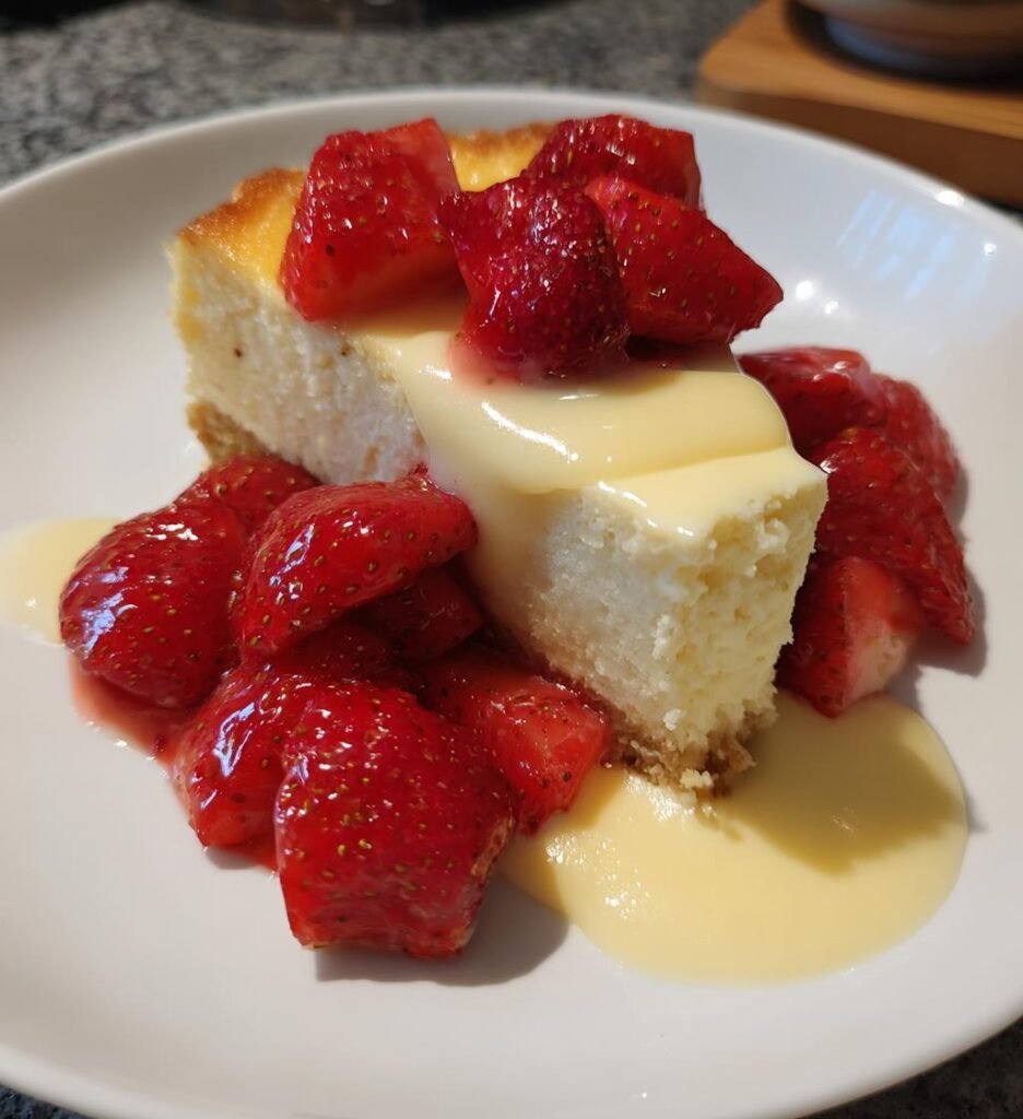 Hemgjord Ostkaka med Jordgubbar och Vaniljsås