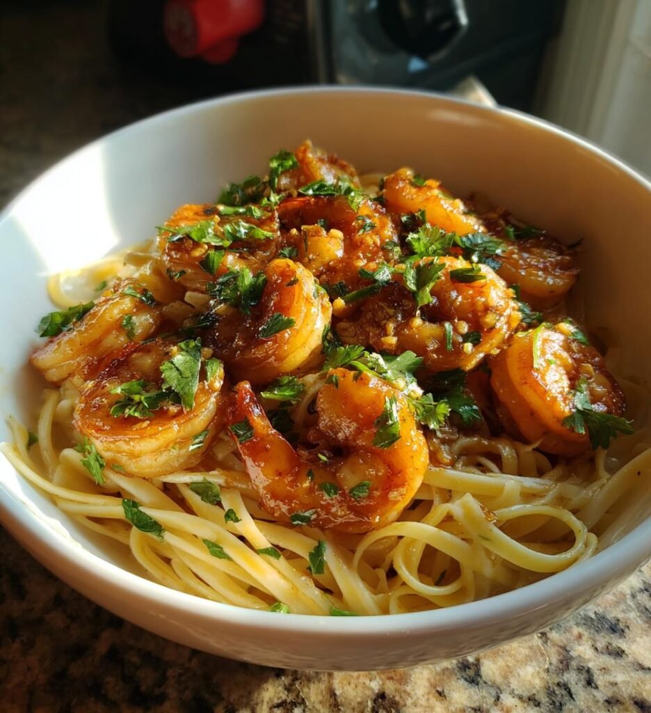 Karamelliserade Vitlöksscampi med Chili och Linguine