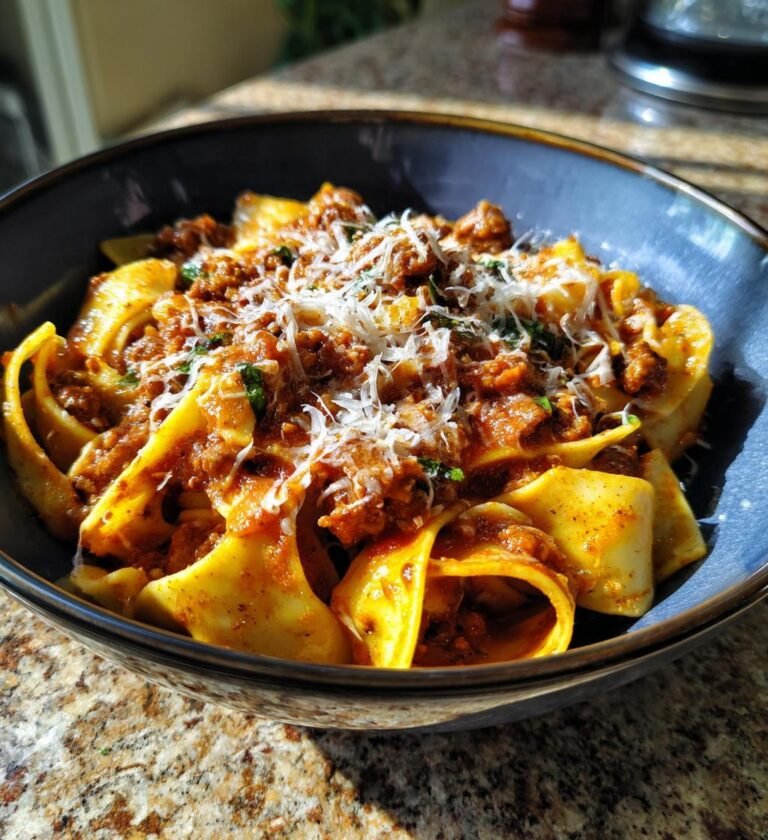 Klassisk Köttfärssås med Hemgjord Pasta och Riven Parmesan