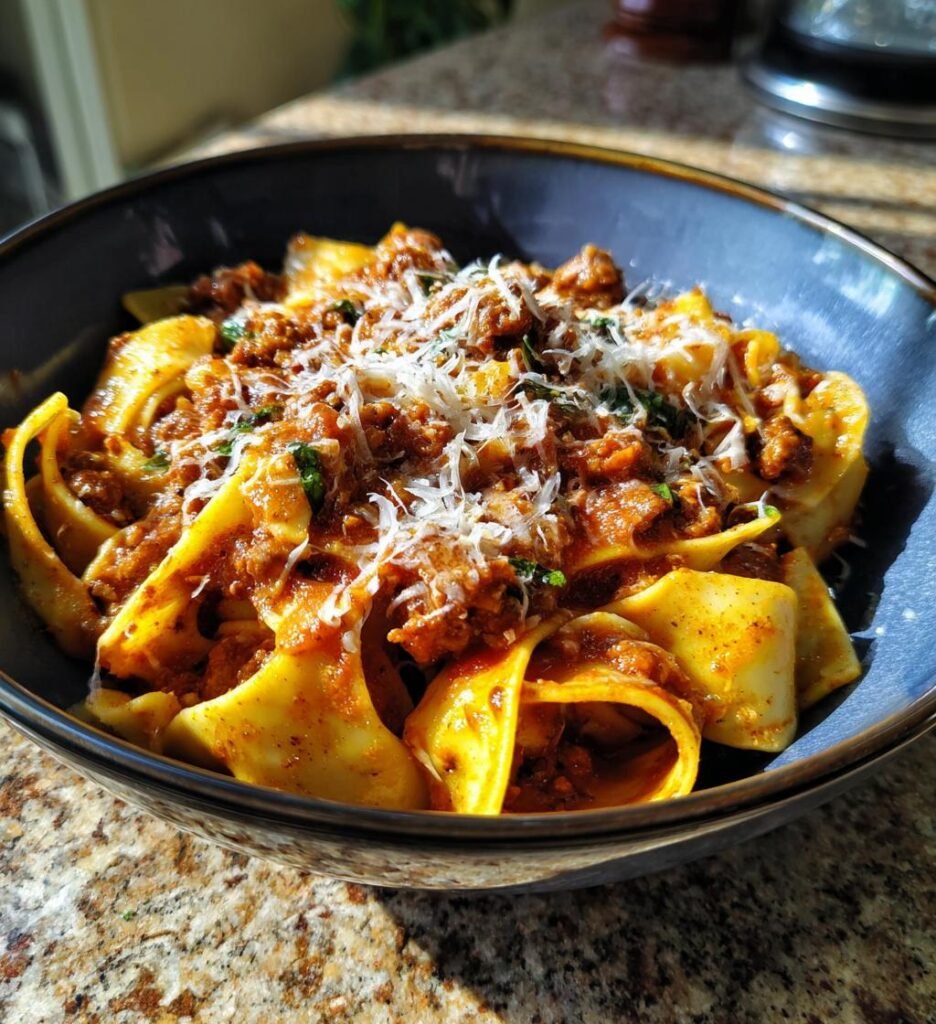 Klassisk Köttfärssås med Hemgjord Pasta och Riven Parmesan