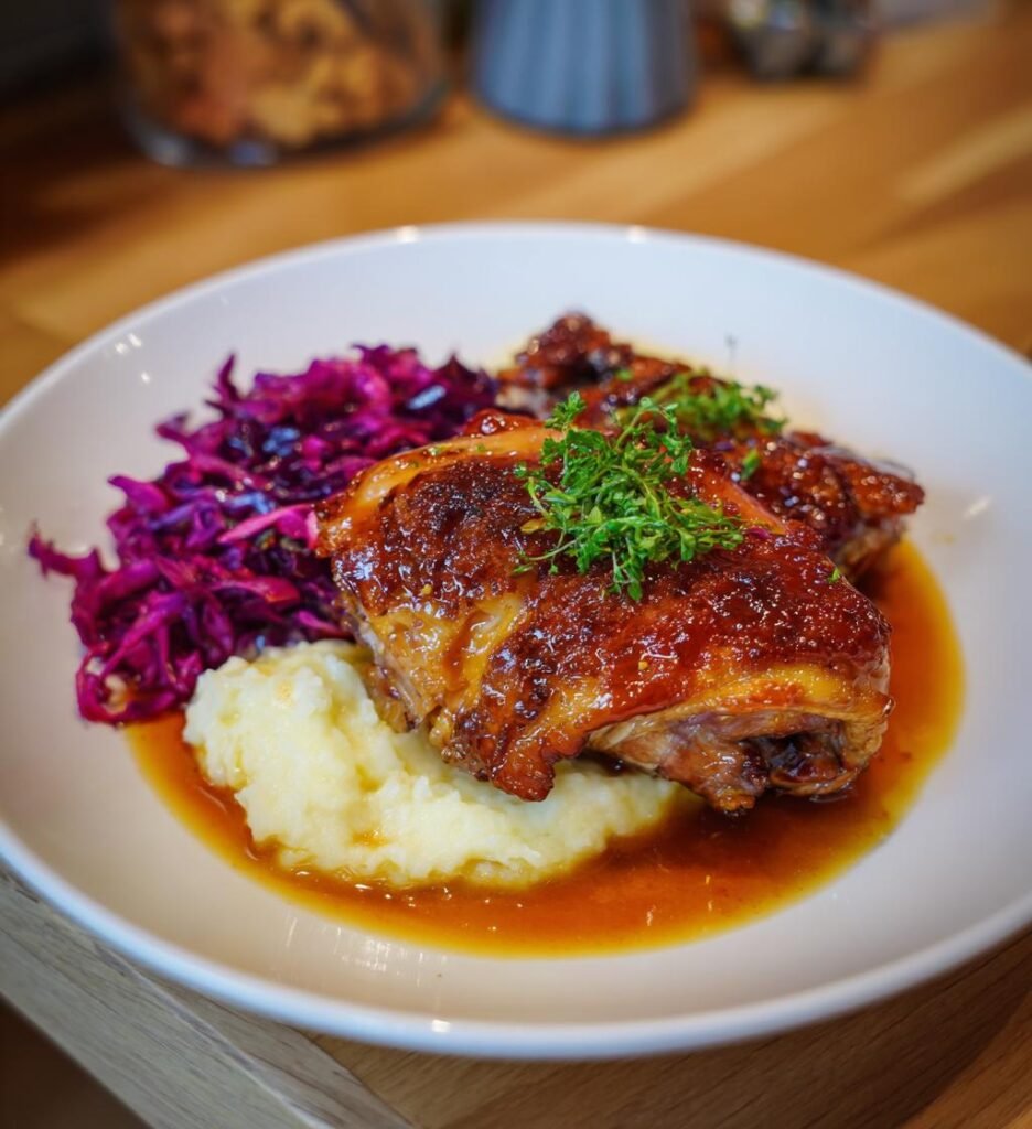 Krispig Anklår med Apelsinsås, Rödkål och Potatismos