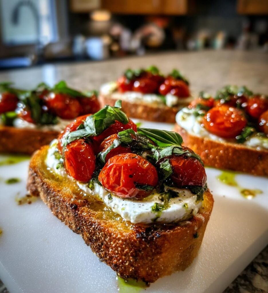 Krispig Bruschetta med Burrata, Rostade Tomater och Basilikaolja