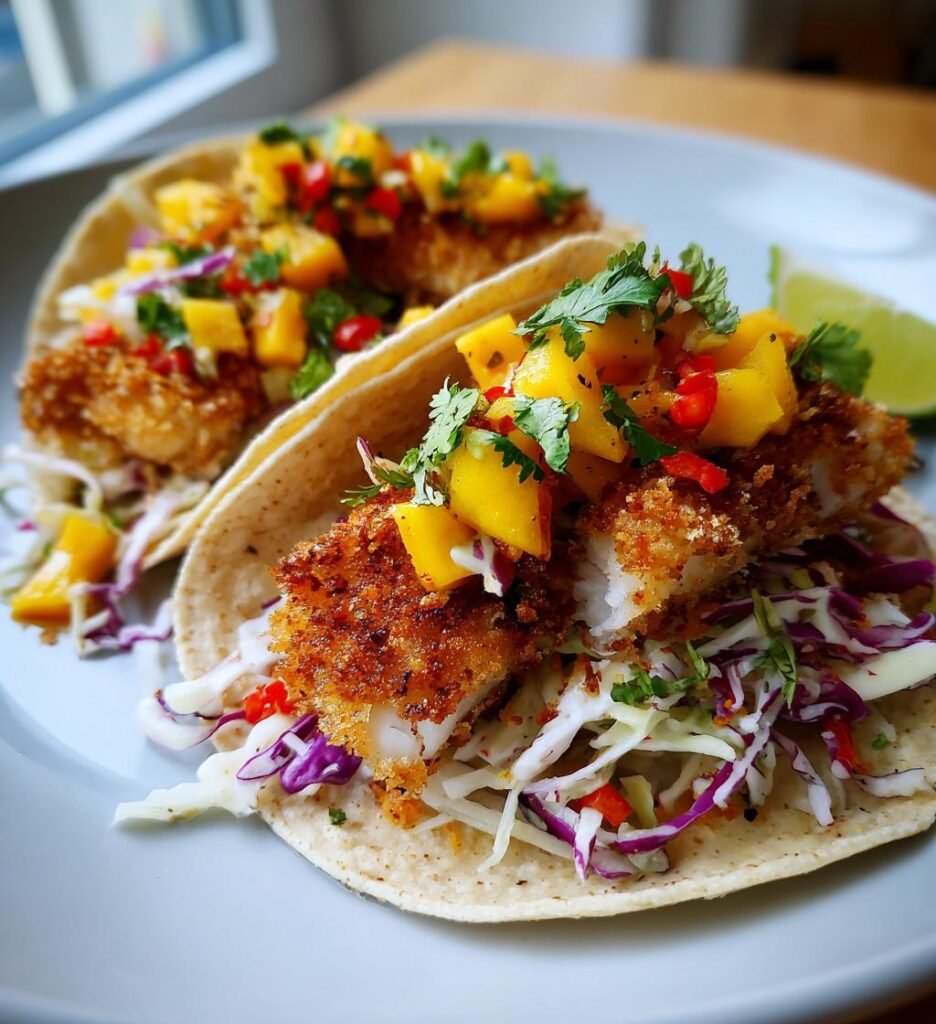 Krispiga Fisktagcos med Mangosalsa, Chilikål och Limekräm