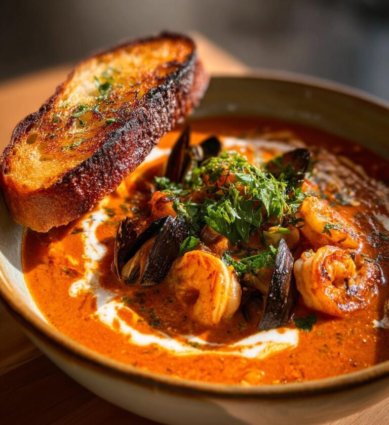 Krämig Fisk- och Skaldjurssoppa med Rostat Bröd och Aioli