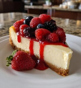 Krämig New York Cheesecake med Färska Bär och Hallonkoulis