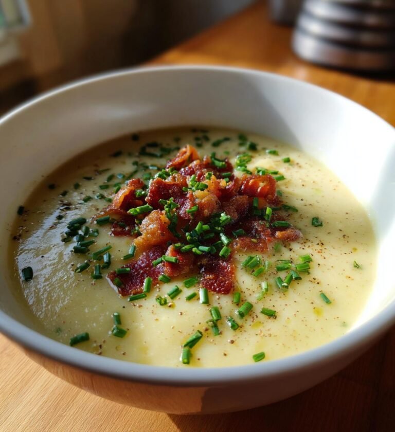 Krämig Potatis och Purjolökssoppa med Bacon och Gräslök