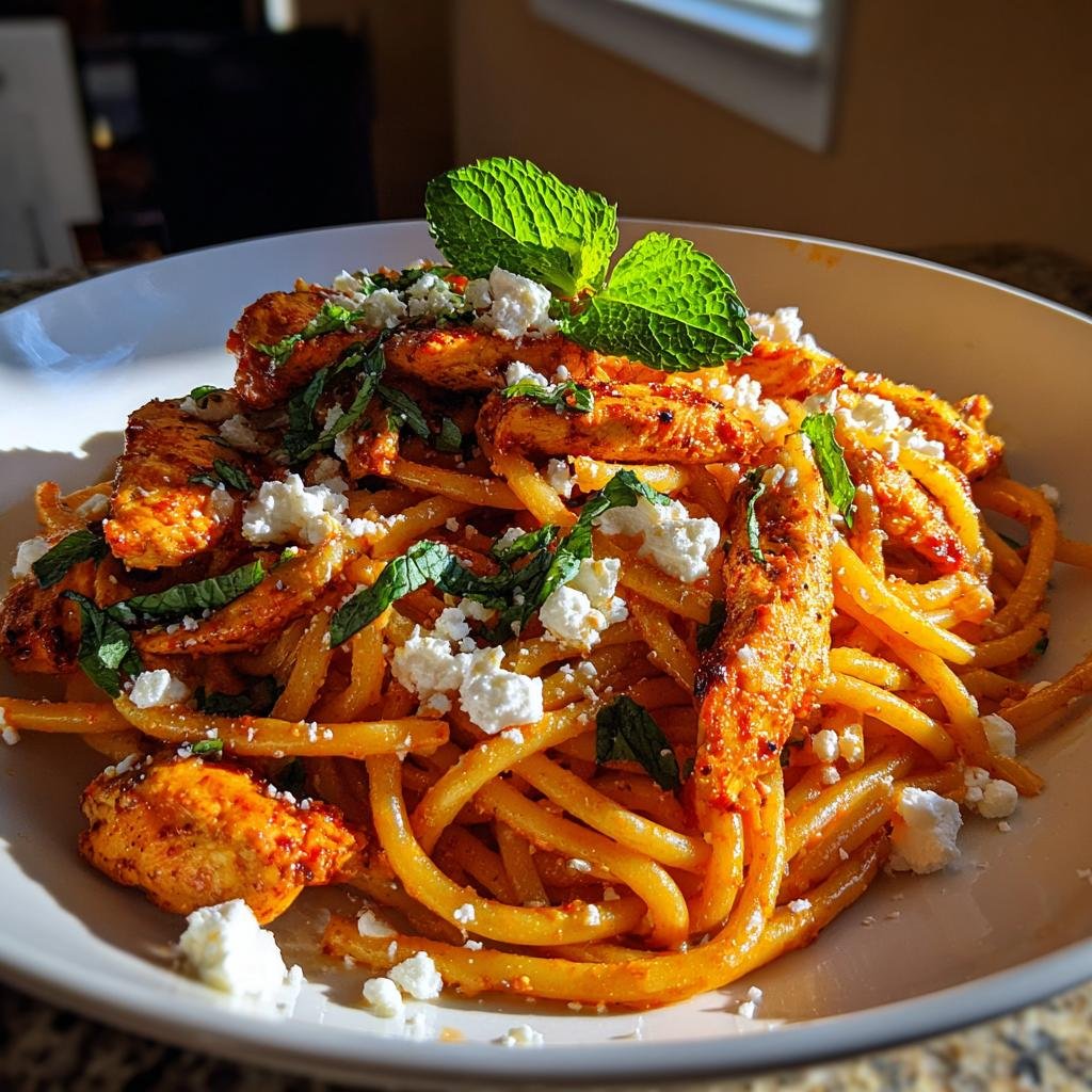Kryddig Harissa Kycklingpasta med Fetaost och Mynta - detail 1