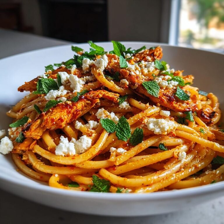 Kryddig Harissa Kycklingpasta med Fetaost och Mynta